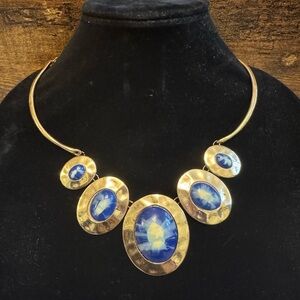 💙 Vintage Blue Cabochon Statement Necklace Gold Tone 💙